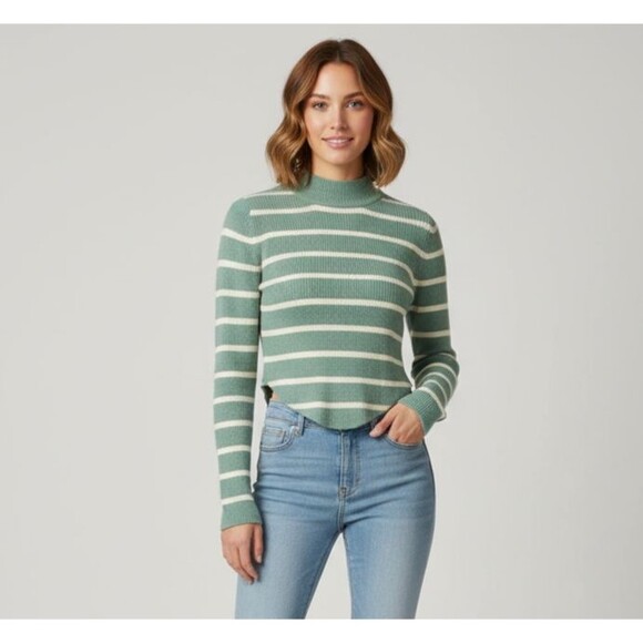 American Eagle Outfitters Tops - ❤️AE Women's M Sage Stripe Ribbed Mock Neck Crop Long Sleeve Sweater❤️